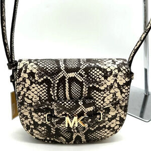 Michael Kors Small Reed Leather Saddle Crossbody Bag Snakeskin Nat/Light Cream